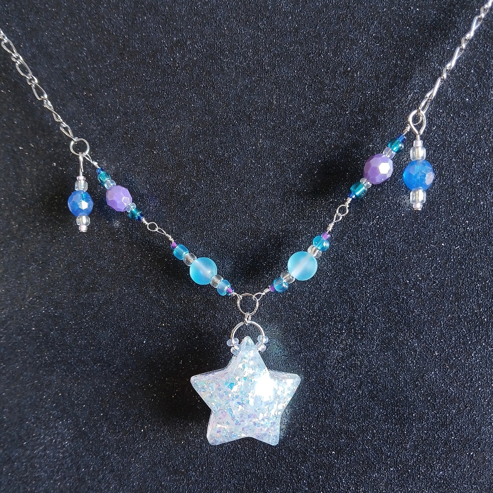 Multicolor iridescent beaded silver necklace with star pendant new handmade